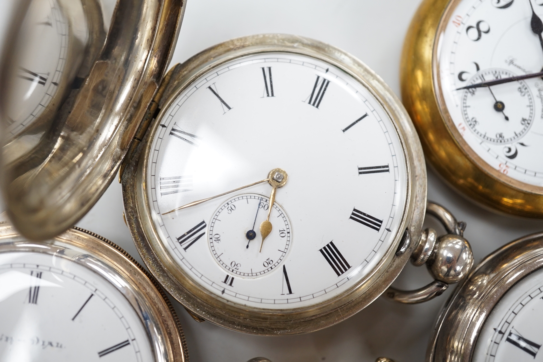 Eleven assorted silver or base metal pocket watches including Cymrex, Sun-Dial with decorated case and silver half hunter.